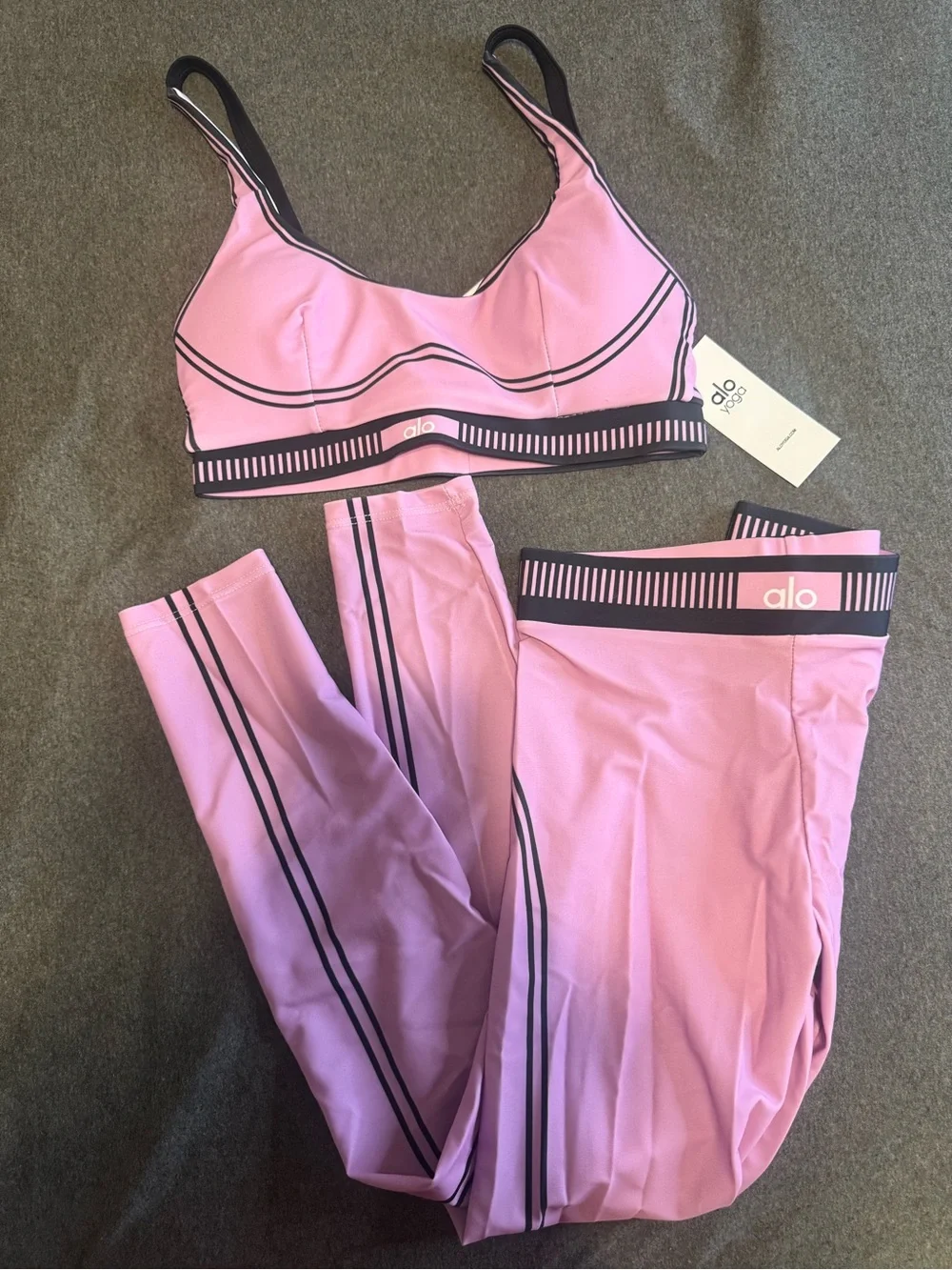 ALO Yoga Pink & Black Trim Sports Bra and Leggings Set